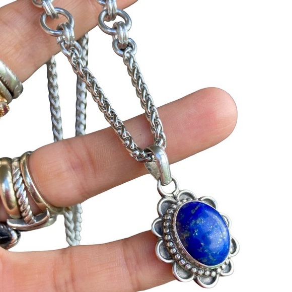 925 sterling silver lapis charm on stainless steel chain necklace boho stone - Picture 4 of 10